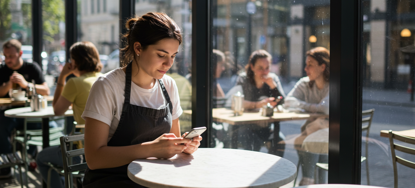woman sitting in a cafe looking at her phone