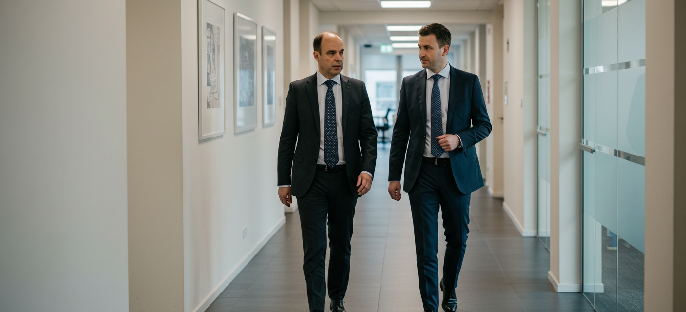 men in suit walking down in an office hallway
