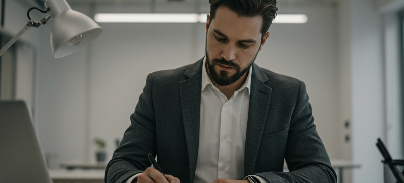 a man writing in a piece of paper inside his office