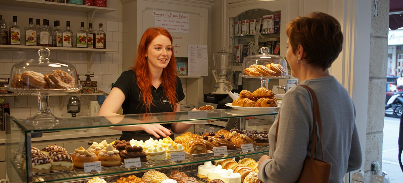 a small pastry business owner serving a customer