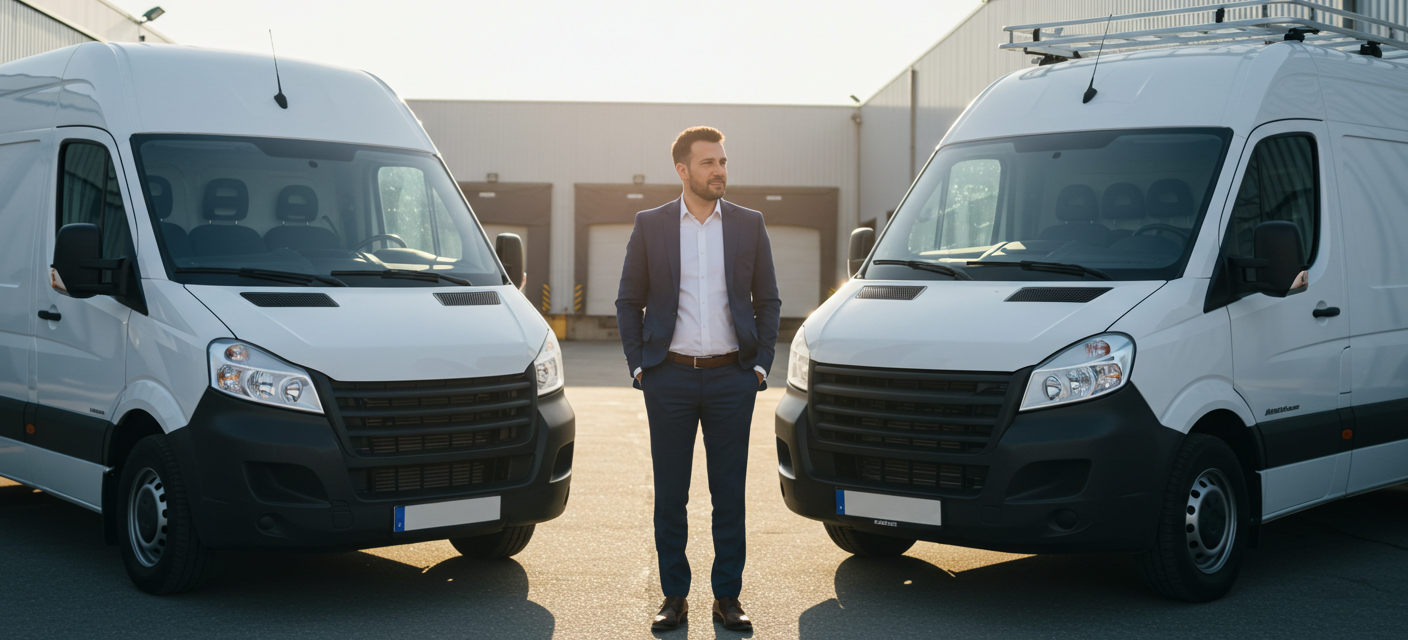 businessman in the middle of two white vans