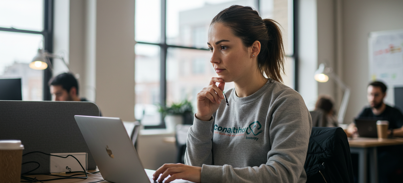 a woman in grey sweatshirt working digitally