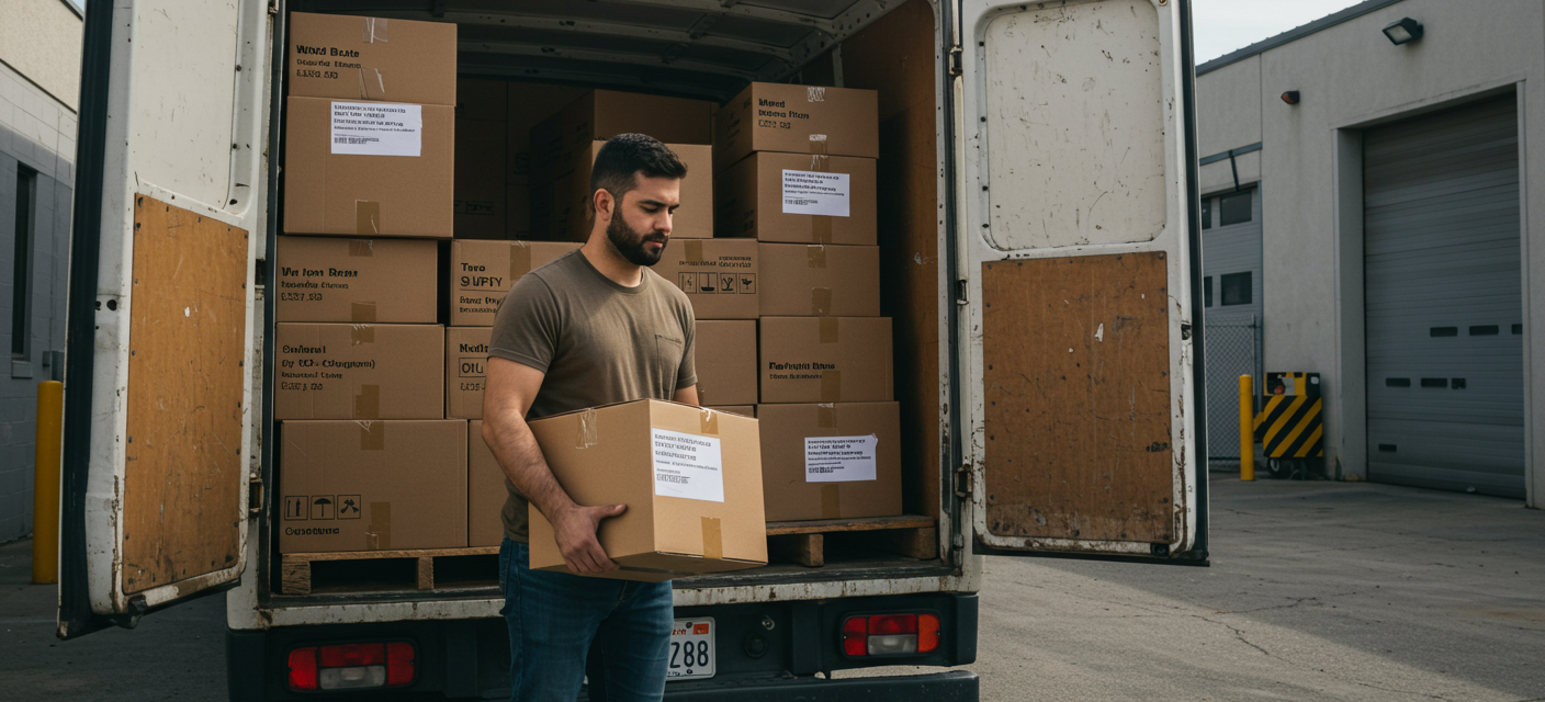 a small business owner unloading boxes from a truck