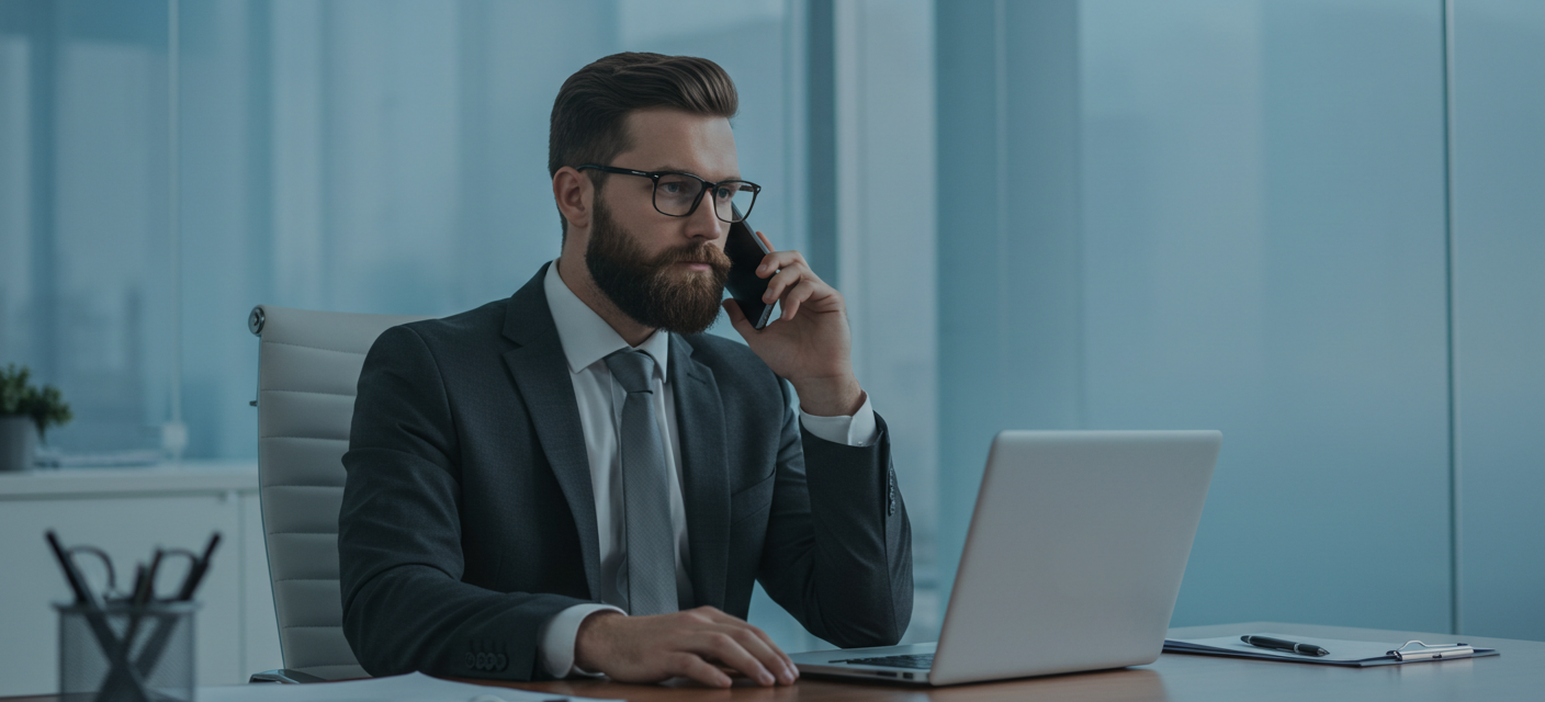 a finance broker calling clients from his desk