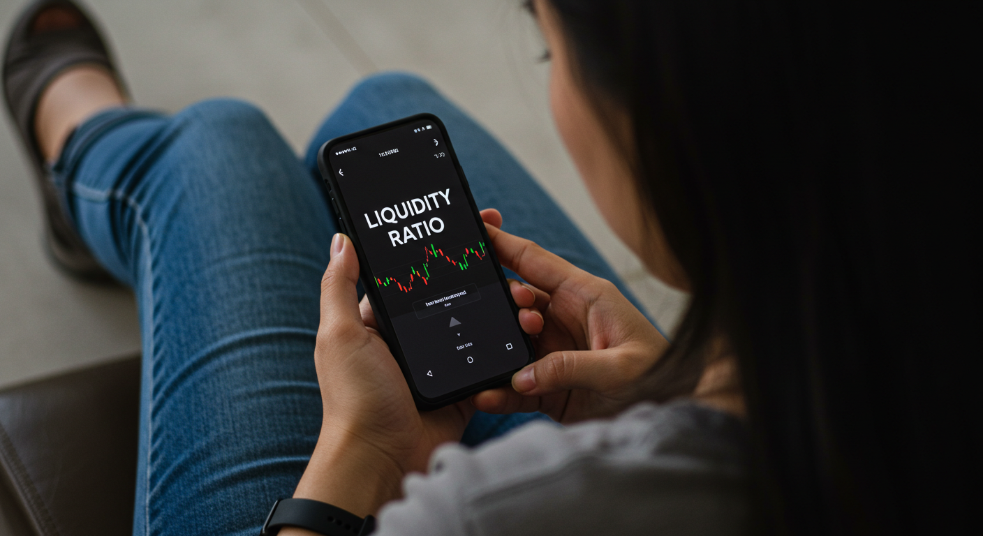 a woman looking at her phone with the words liquidity ratio in it