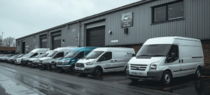 A fleet of modern business vans and cars parked outside a commercial building, representing SME vehicle finance solutions