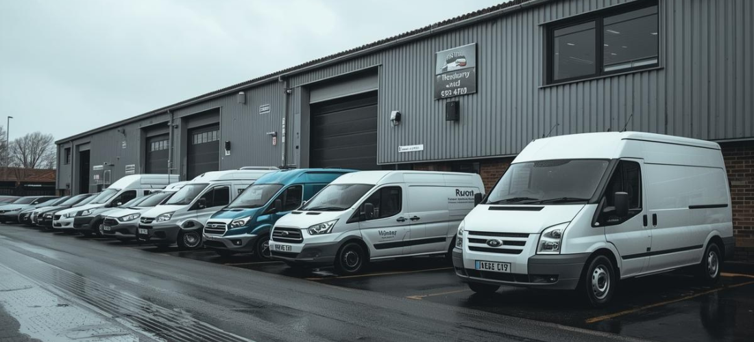 A fleet of modern business vans and cars parked outside a commercial building, representing SME vehicle finance solutions
